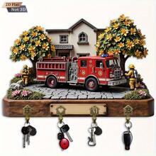 2D Flat.1pc. Fire Truck Theme Style Key Hook - Multifunctional Decorative Key Rack With Four Metal Hooks, Wall Decoration, Room Decoration, Four Seasons Home Decoration (11.8 X 9inch ) Halloween Christmas Decorations - A - 查看 1