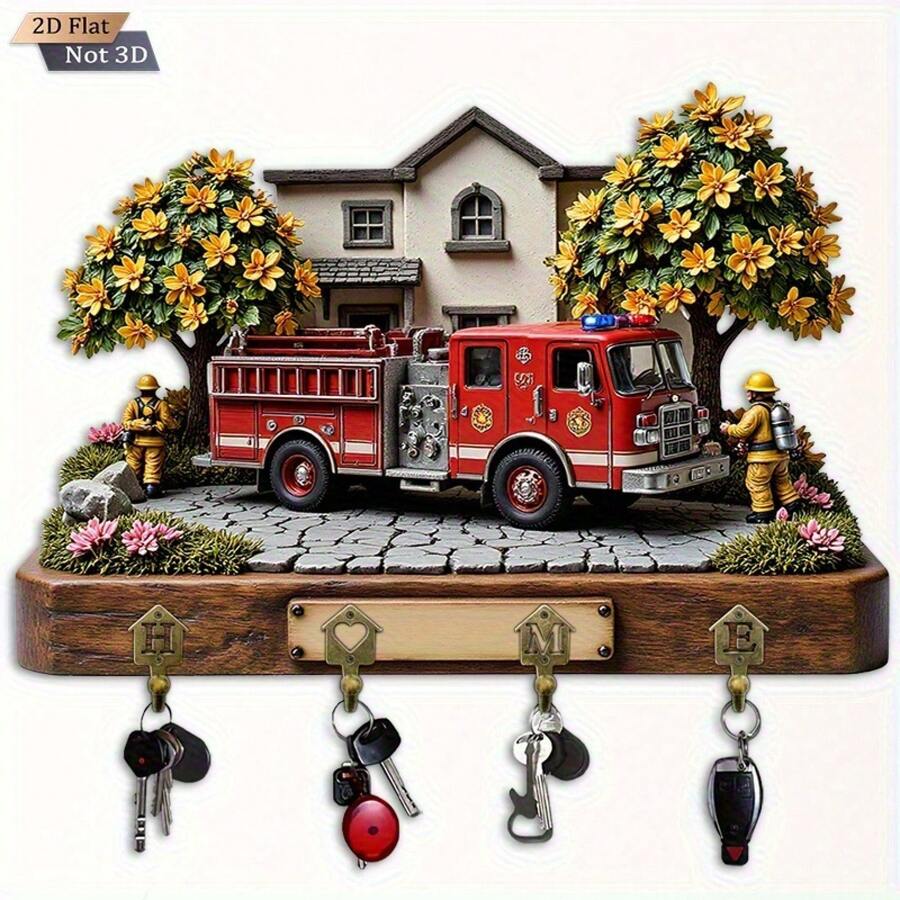 2D Flat.1pc. Fire Truck Theme Style Key Hook - Multifunctional Decorative Key Rack With Four Metal Hooks, Wall Decoration, Room Decoration, Four Seasons Home Decoration (11.8 X 9inch ) Halloween Christmas Decorations - A - 查看 1