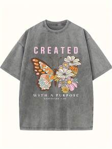 Summer Tops2026Women's Retro Washed Cotton T-Shirt - 230g Thick Cotton Loose Fit Crew Neck Short Sleeve, Vintage Street Style With Floral Butterfly & Inspirational Letter Print, Machine Washable Spring/Summer Casual Top, Cotton T Shirts, Everyday Comfort Tee, Relaxed Fit Tee, Soft Texture Shirtsummer Clothes Washed Cotton - 咖啡色 - 查看 7