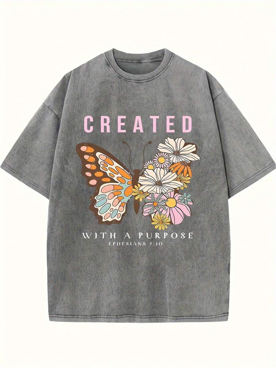 Summer Tops2026Women's Retro Washed Cotton T-Shirt - 230g Thick Cotton Loose Fit Crew Neck Short Sleeve, Vintage Street Style With Floral Butterfly & Inspirational Letter Print, Machine Washable Spring/Summer Casual Top, Cotton T Shirts, Everyday Comfort Tee, Relaxed Fit Tee, Soft Texture Shirtsummer Clothes Washed Cotton - 淺灰色 - 查看 1