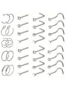 34入組/套不鏽鋼鼻釘和環套裝,包括水晶鼻釘,圓盤鼻釘和球形鼻釘,男女通用日常鼻環收藏 - 銀色 - 查看 6