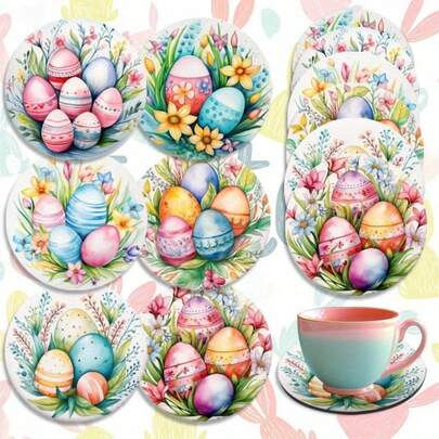 6pcs/Set Spring Easter Elements Decor, Colorful Eggs, Cute Bunnies, Tulip Flower Basket Design, Round Wooden Coasters/Placemats Suitable For Yard, Kitchen, Living Room, Family Gathering, Party Table Decorations, Best Easter, Spring, Valentine's Day Gift For Friends And Family