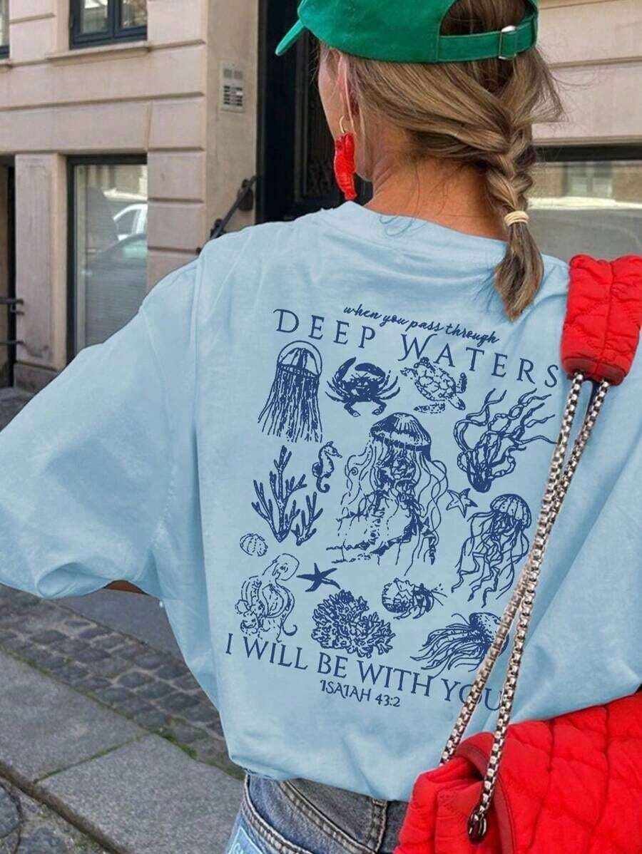 Women's Summer T-Shirt With Marine Life Print, Casual Holiday Style, Versatile, Round Neck, Short Sleeves, Fashionable Summer Colors - 淺藍色 - 查看 1