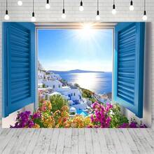 2D Flat Banner "Mamma Mia" Themed Party Background - 1pc Greek Blue Shutter With Aegean Sea And Blooming Flowers, Polyester Photography Backdrop, Suitable For Birthday And Anniversary Decoration, Fabric Banner, Mobile Events, Anniversary Occasions, General Purposes - Multicolor - View 3
