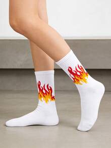 3 Pairs Men's Mid-Calf Socks With Yellow Flame Pattern, & High Elasticity, Not Tight - White - View 4
