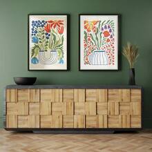 2 件套简约时尚花卉花瓶艺术画 – 带框帆布墙画，明亮装饰海报，适用于客厅书房 - 彩色 - 查看 2