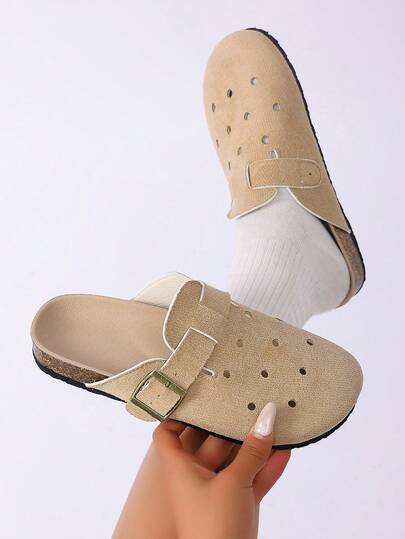 1 Pair Women's Thick Sole Slip-On Shoes, Apricot Suede Perforated Round Toe Buckle Sandals, Vacation Style Fashion Outdoor Casual Flat Slippers