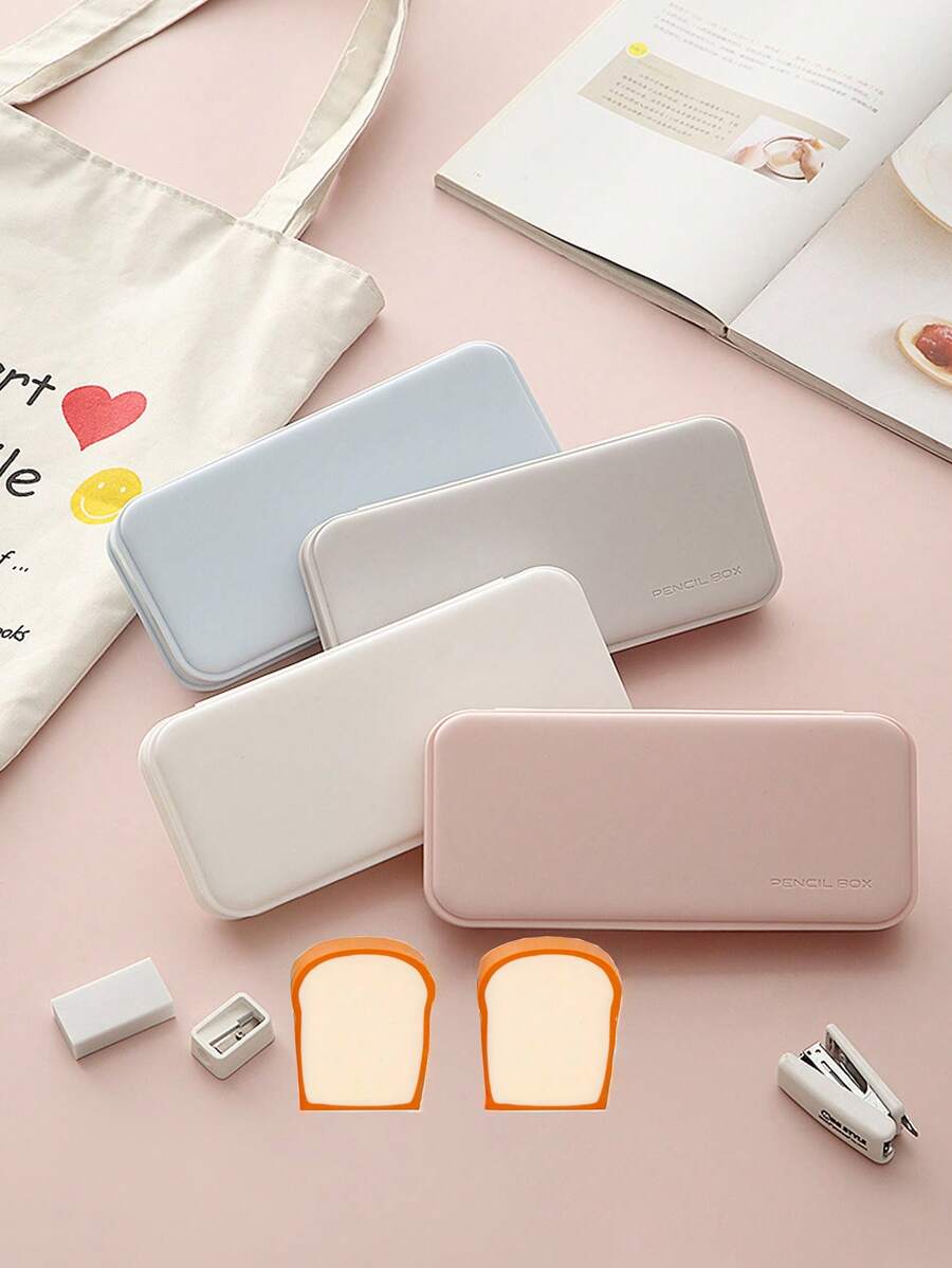 极简多功能文具套装（1个极简铅笔盒+2个面包形橡皮擦），防水防尘隔层设计，创意文具，米色胶水笔盒