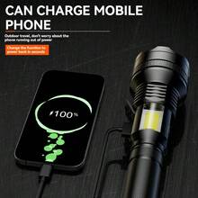 1pc High Power LED Flashlight, USB Rechargeable, Adjustable Zoom, Side COB Tactical Flashlight With Spotlight - Black - View 5