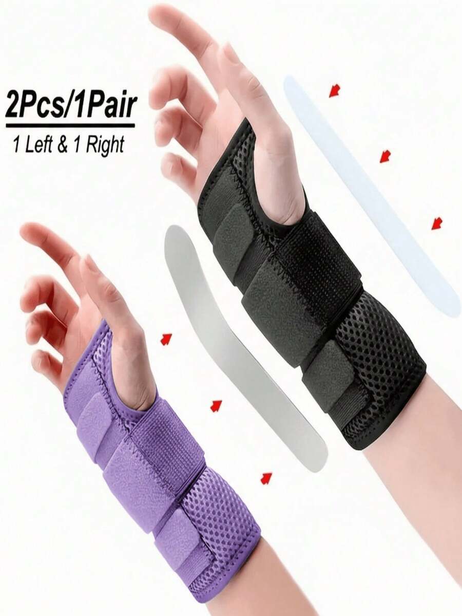 Wrist Brace Pair With Metal Splints, Adjustable Triple Strap Compression, Breathable Mesh Support, Left And Right Braces, Comfortable Fit For Sports, Typing, Daily Wear, Hand Washable Durable Polyester Blend, Hook And Loop Closure, Unisex Fit, Stable - 紫色 - 查看 1