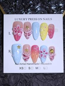 糖果色3D手工雕刻花朵图案100%纯手工制作按压式美甲贴片10片装杏仁法式美甲设计手工美甲水波纹美甲装饰可重复使用假指甲片DIY美甲产品四季美甲用品 - 彩色 - 查看 13