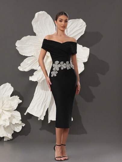 Off-Shoulder Knitted Bandage Dress, Elegant Luxury 3D Floral Design, Sexy Fitted Bodycon Slit Dress For Evening Gown Wedding Black Spring Party