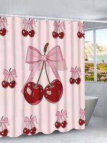 1/4pcs Pink Bow & Cherry Pattern Bathroom Curtain Set, Modern Style Home Decor Printed, Washable, Fashionable Theme, Suitable For All Seasons, Easy Installation - Includes 12 Hooks For Bathroom, Guest Room, Bedroom, Living Room - Multicolor - View 17