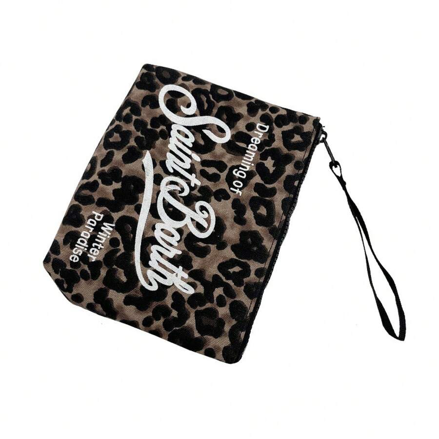 Canvas Cosmetic Bag, Leopard Print Clutch, Portable Cosmetic Bag, Toiletry Bag - Black - View 1