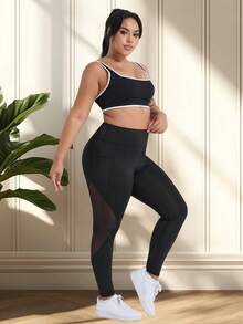Pantalon de yoga taille haute avec contrôle du ventre pour femmes grandes tailles, leggings ajustés avec poches latérales et design bicolore, convient pour la course, l'entraînement et le port décontracté - Noir - Voir 7