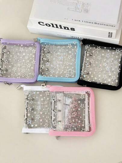 1 Pc Loose-Leaf Binder Cover/20 Sheets Inner Pages, Mini 3-Hole Laser Star PVC Loose Leaf Notebook With Zipper And Edge Wrapping, Convenient Photo Album, Postcards, Guka, Idol, Small Card, Star Chasing Storage Collect Book