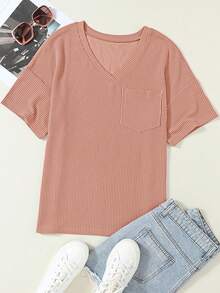 CILKOO 女士宽松扭结口袋V领休闲短袖T恤，春夏款 - 棕色 - 查看 9