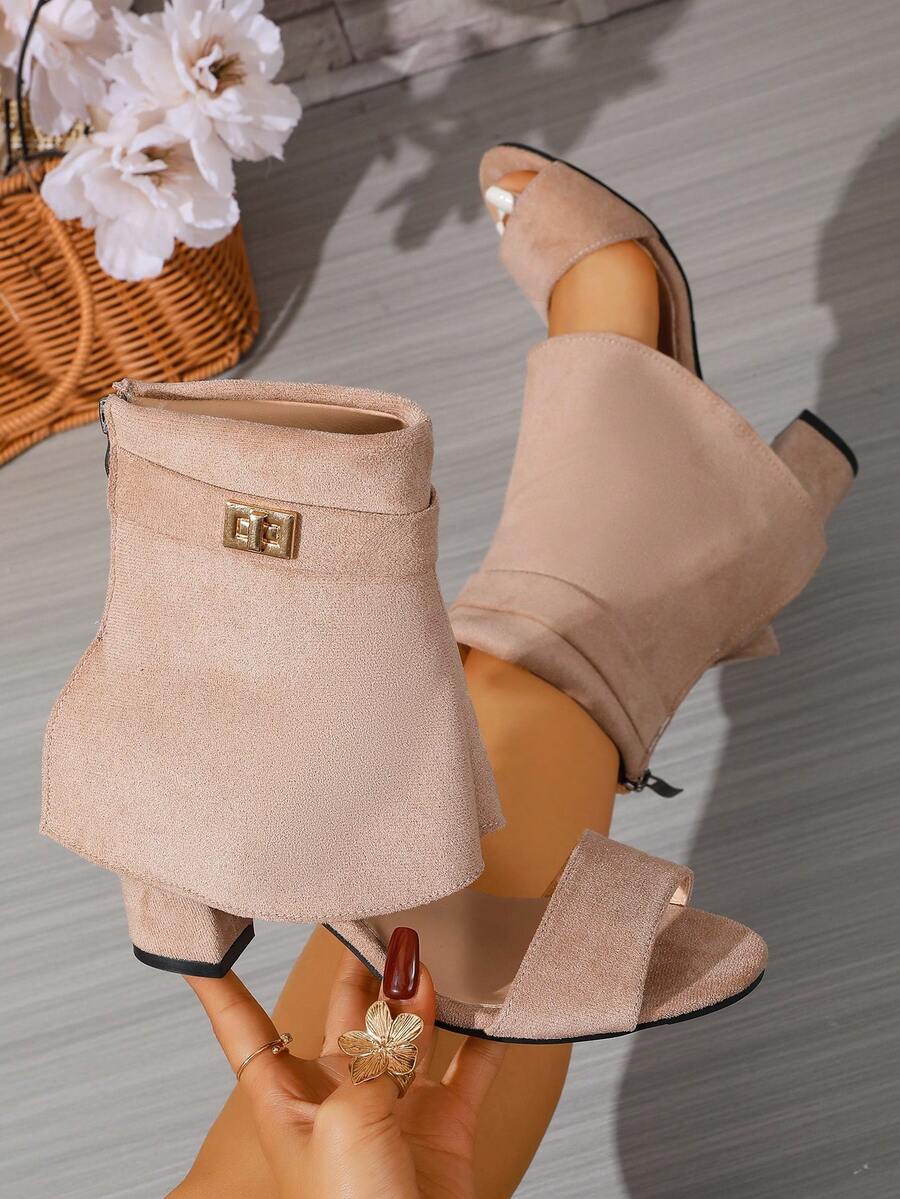 百搭杏色绒面革踝靴，粗跟露趾短靴，通勤和约会皆宜的优雅高跟凉鞋 - 杏色 - 查看 1