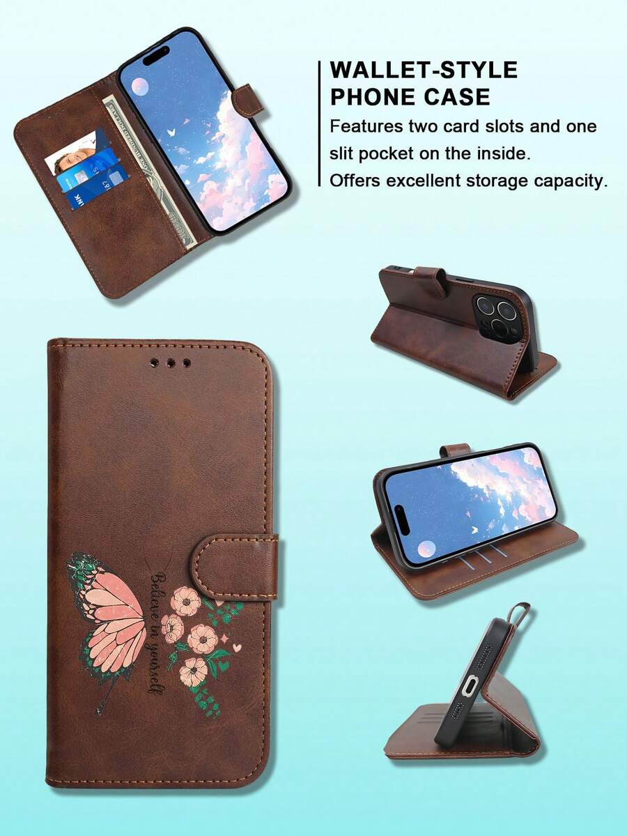 1PC Premium Durable Flip Wallet Phone Case Orange Butterfly Floral Inspirational Quote Pattern Design Compatible With IPhone 17/16/15/14/13/12 Series (Including Pro Max And Plus Models) With Foldable Stand And Credit Card Slots, Custom Made For Those Who Pursue Fashion And Perfection. - Brown - View 1