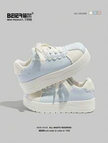 BEIER Casual Spring/Autumn New Fashion Versatile Leather Round Toe Flat Lace-Up Skateboard Sneakers For Women - Baby Blue - View 6