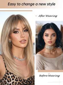 16英寸棕金色渐变短假发，女士自然逼真合成假发，适合派对和日常佩戴 - 漸變金色 - 查看 2