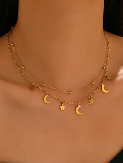 1 pieza Collar de múltiples capas con estrella y luna de estilo medio oriental para primavera/verano, Ramadán, joyería elegante y de moda para mujeres, versátil para uso diario, regalos, vacaciones, fiestas