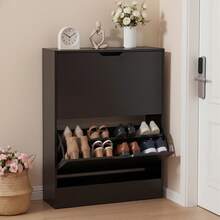Shoe Cabinet With 2 Flip Drawers, Slim Wooden Shoe Storage Organizer For Entryway, Hallway & Living Room, Space-Saving Hidden Shoe Rack With Adjustable Shelves, Modern Entryway Furniture - màu đen - Xem 1