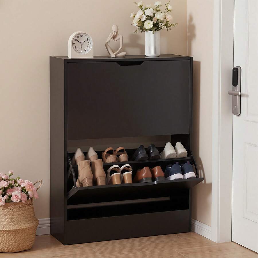Shoe Cabinet With 2 Flip Drawers, Slim Wooden Shoe Storage Organizer For Entryway, Hallway & Living Room, Space-Saving Hidden Shoe Rack With Adjustable Shelves, Modern Entryway Furniture - màu đen - Xem 1