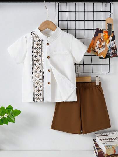 Conjunto de 2 piezas para niños pequeños: camisa con cuello Mao y estampado floral vintage + pantalones cortos casuales de unicolor, para verano