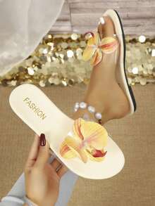 1 Pair Teenage Orchid Decor Transparent Strap Sandals, Sweet Floral Flat Slippers, Fashionable Casual Slip-On Sandals For Vacation - White - View 1