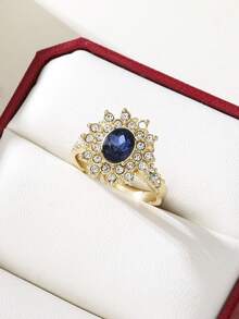 1 chiếc nhẫn đính hôn sang trọng dành cho nữ, đính đá Cubic Zirconia hình bầu dục màu xanh dương, kiểu dáng cổ điển, màu vàng kim, trang sức cưới cho phụ nữ. - nhẫn - Xem 5
