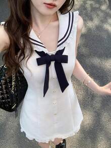 Y6Y Spring New White Lace Trim Sleeveless Mini Dress, Preppy Style - White - View 2