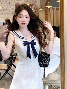 Y6Y Spring New White Lace Trim Sleeveless Mini Dress, Preppy Style - White - View 5