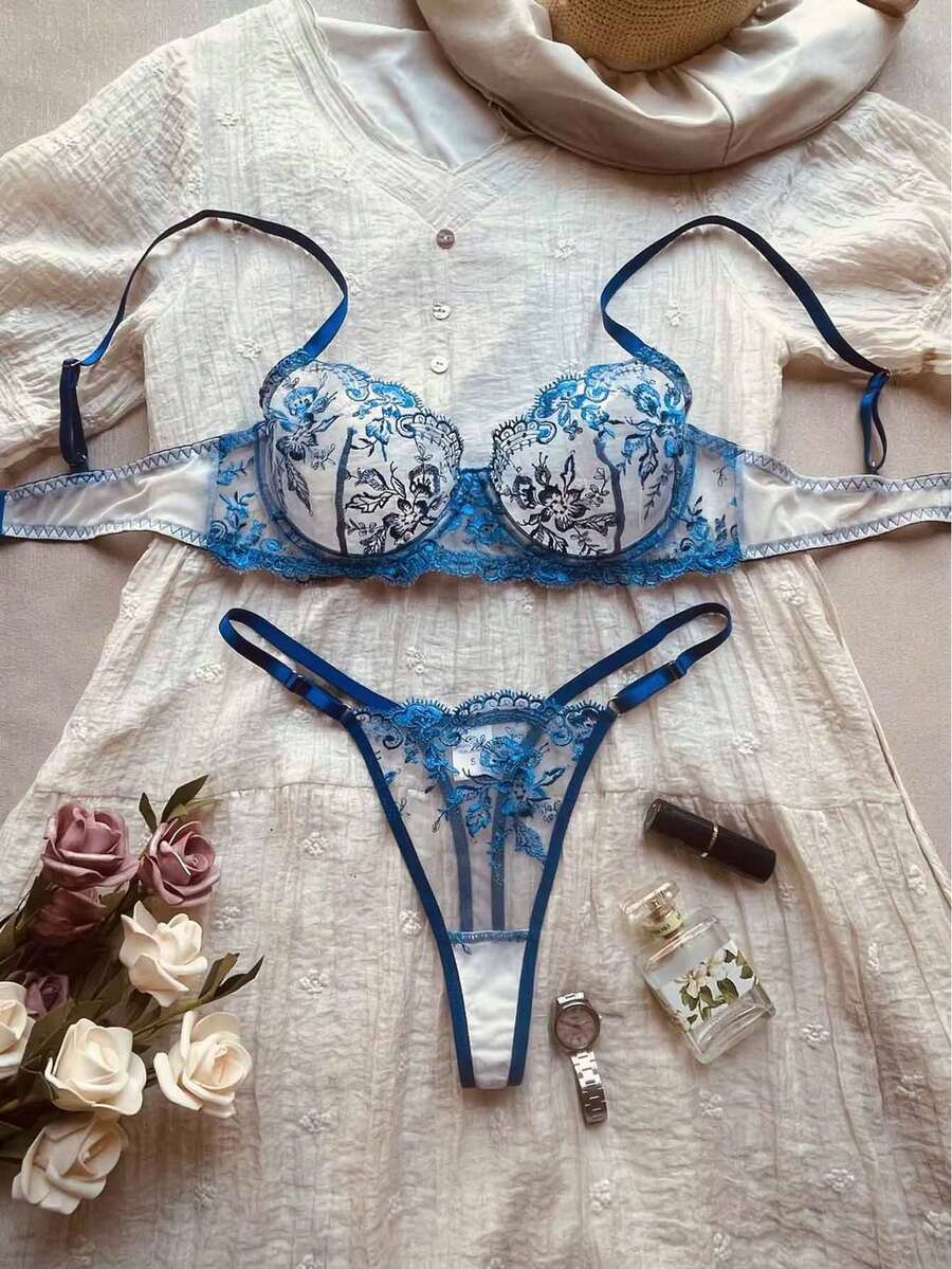 Women's Sexy Lingerie: Bras, Lace, Plunge Bras, Panties, Thongs, Semi-Sheer - Blue - View 1