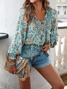 Women's Bohemian Print Long Sleeve Blouse, V-Neck Tie Front Casual Shirt, Lightweight Summer Top For Vacation Beach & Daily Outfits - 薄荷藍 - 查看 2