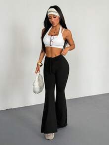 Quần nữ AITYI Studio, kiểu dáng ôm sát, thiết kế nhún bèo có dây rút, tôn dáng, thời trang, gợi cảm, thanh lịch, phù hợp cho hoạt động ngoài trời, đi làm, phong cách Y2K đa năng, thích hợp cho lễ tốt nghiệp, năm mới, ngày Valentine, mọi mùa, quần ống loe co giãn bằng vải dệt kim. - màu đen - Xem 7