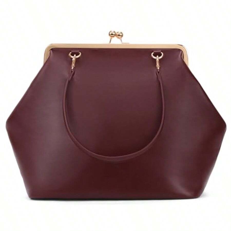 Large Women's Kiss Lock Bag PU Medium Top Handle Handbags Kiss Clasp Shoulder Bags Tote Purse Messenger Clutch - Đỏ - Xem 1