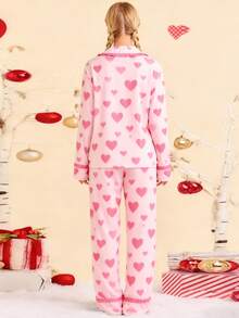 Women's Valentine's Day Pajamas Cute Heart Printed Bow Tie Long Sleeve Tops With Pants 2Pcs Sleepwear - Hồng - Xem 2