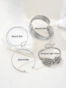 4pcs Minimalist Punk Style Metal Geometric Beaded Bracelet Set, Unisex Suitable For Sisters, Couples, Casual, Party, Wedding, Birthday Gift For Girlfriend, Mom - Silver - View 8
