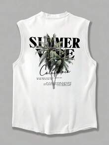 1pc Men's Summer English Text & Palm Tree Print Casual Sleeveless Tank Top - White - View 3