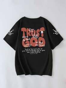 大码女式励志信仰主题文字图案印花圆领短袖T恤，柔软舒适，适合春夏日常休闲穿着，黑色 - 黑色 - 查看 4