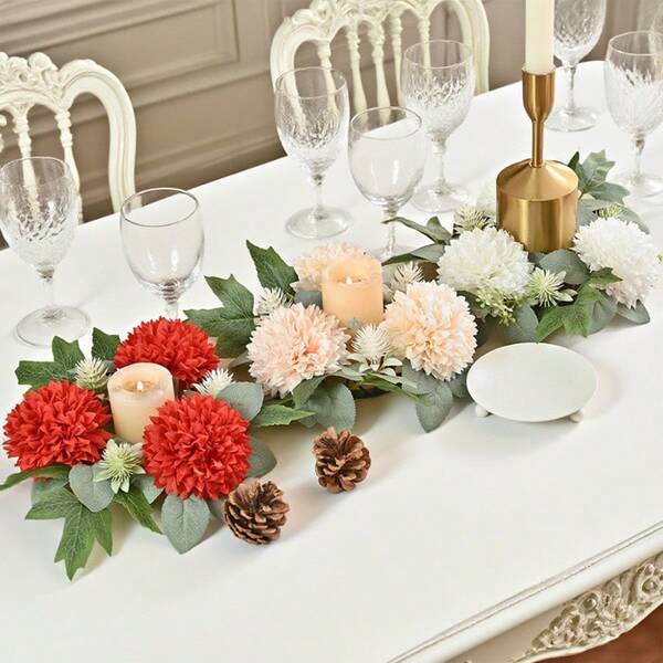 Elegant Floral Candle Wreath, Suitable For Pillar Candles, Home Decor For Wedding, Party, Room, Restaurant, Porch Decoration In Spring & Summer