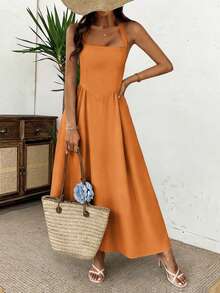 Women's Spring/Summer Sleeveless Zipper Pleated Dress, Casual Elegant Style, Suitable For Beach, Vacation, Date, Music Festival, Valentine's Day, Birthday Party And Other Occasions - Orange - View 8