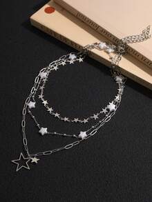 3件套Y2K复古街头风项链套装，甜美少女风，银色星星、亮片和珍珠装饰 - 銀色 - 查看 2