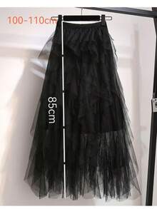 Elegantes schwarzes Tüll-Asymmetrisches A-Linien-Rock-Set, hohe Taille, für Hochzeit, Reise, Fotoshooting, Geschenk, Polyester, Lässig, Ganzjährig - Verschiedenfarbig - Übersicht 5