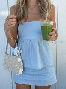 Women's Summer 2 Pieces Set, Solid Color Sexy Camisole And High Waist Skirt, Suitable For Beach Vacation - Blue - View 2