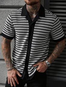 WAIT HIM Áo thun nam tay ngắn dệt kim kẻ sọc, cài một hàng khuy, kiểu dáng thường ngày, thích hợp đi làm. - Đen và trắng - Xem 4