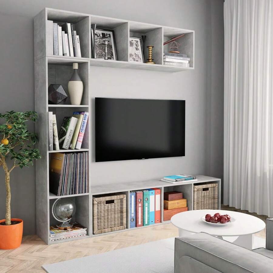 vidaXL Tavolo da biblioteca/mobile TV 3 pz Grigio cemento 180x30x180 cm - Grigio - Visualizzare 1