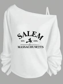 Halloween Outfits For Women, Salem Witch Graphic Off The Shoulder Long Sleeve Sweatshirt, Casual Relaxed Fit, Gothic Style, Fall Vibes-Y2K Cute Tops, Casual Streetwear, Graphic Tees Women, Daily Outfits - 白色 - 查看 1