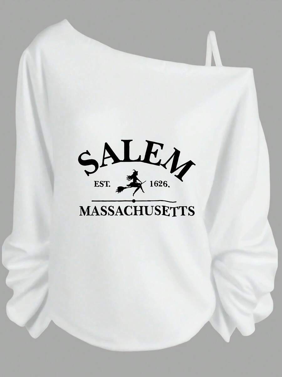 Halloween Outfits For Women, Salem Witch Graphic Off The Shoulder Long Sleeve Sweatshirt, Casual Relaxed Fit, Gothic Style, Fall Vibes-Y2K Cute Tops, Casual Streetwear, Graphic Tees Women, Daily Outfits - 白色 - 查看 1